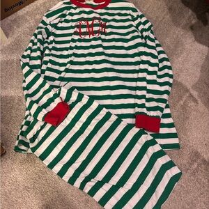 Striped Green and White Women's Pajama Set with Red Accents
